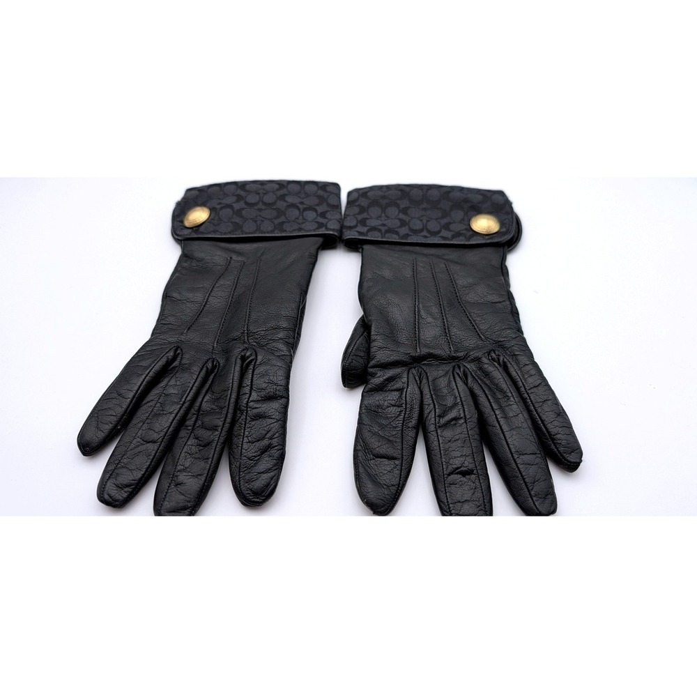 Coach Womens Black Leather Cashmere Lined Gloves Signature Trim Italy Size 7.5